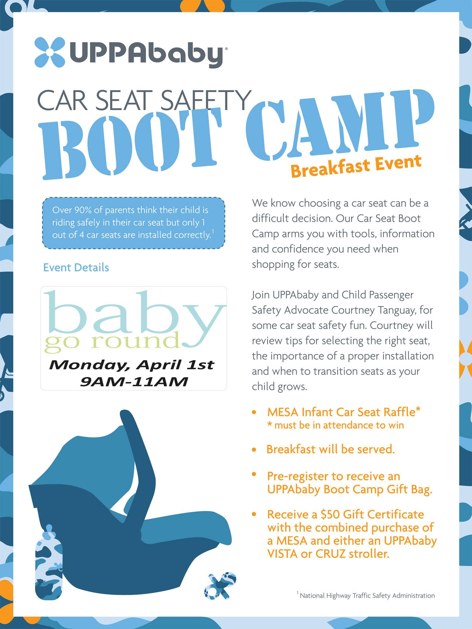 UPPAbaby Car Seat Bootcamp at Baby Go Round Monday April 1st!  Meet the Mesa and a Car Seat Safety Expert, win a Mesa, free gift bag to those who pre-register.  Breakfast will be served.