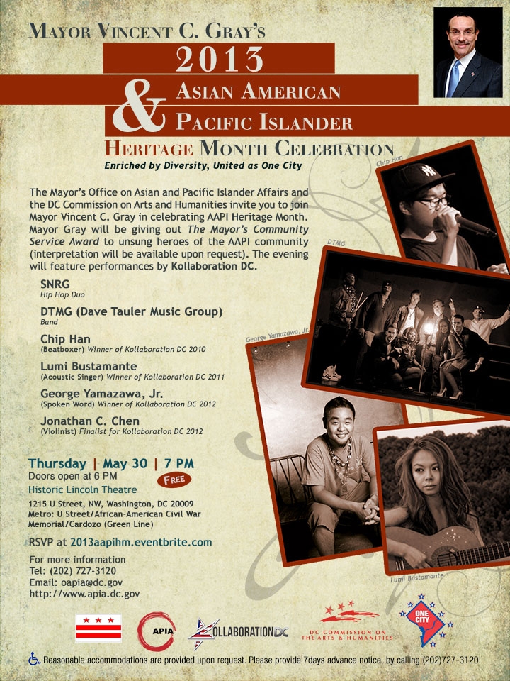 Flyer for Mayor Gray's 2013 Asian American and Pacific Islander Heritage Month Celebration