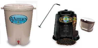 Systern and Earth Machine Rain Barrel, Compost Turner, Composter and Kitchen Collector