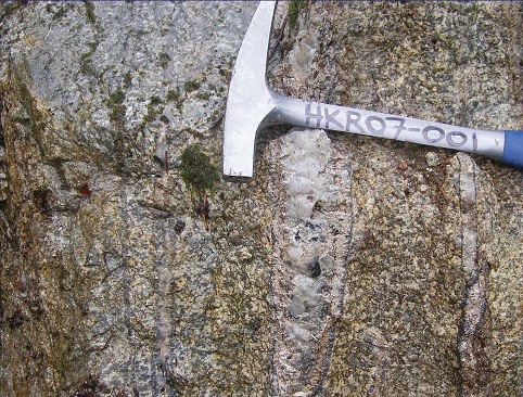 Rare-earth-element bearing quartz vein exposed in granite, Bokan Mountain, Alaska