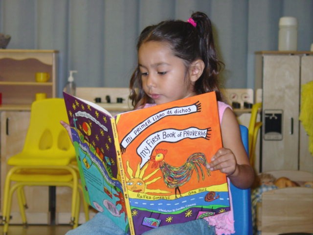Little girl reading a Spanish language book.