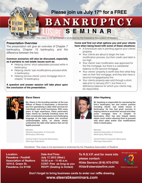 Pasadena BK Seminar Bankruptcy & Foreclosure Seminar Flyer