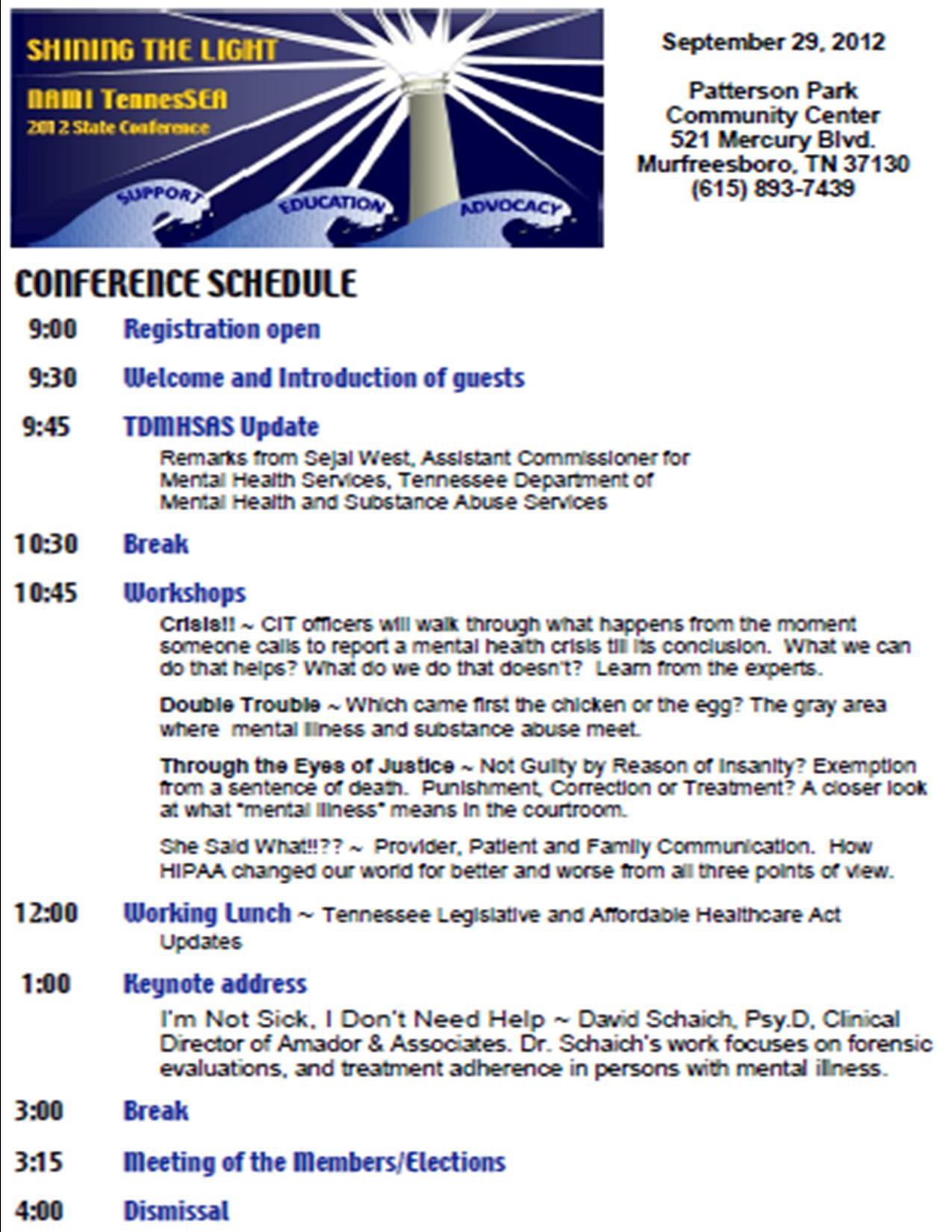2012 Annual Conference Schedule Schedule