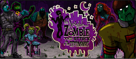 My Neighbor the Zombie Banner with klepto zombies and logo