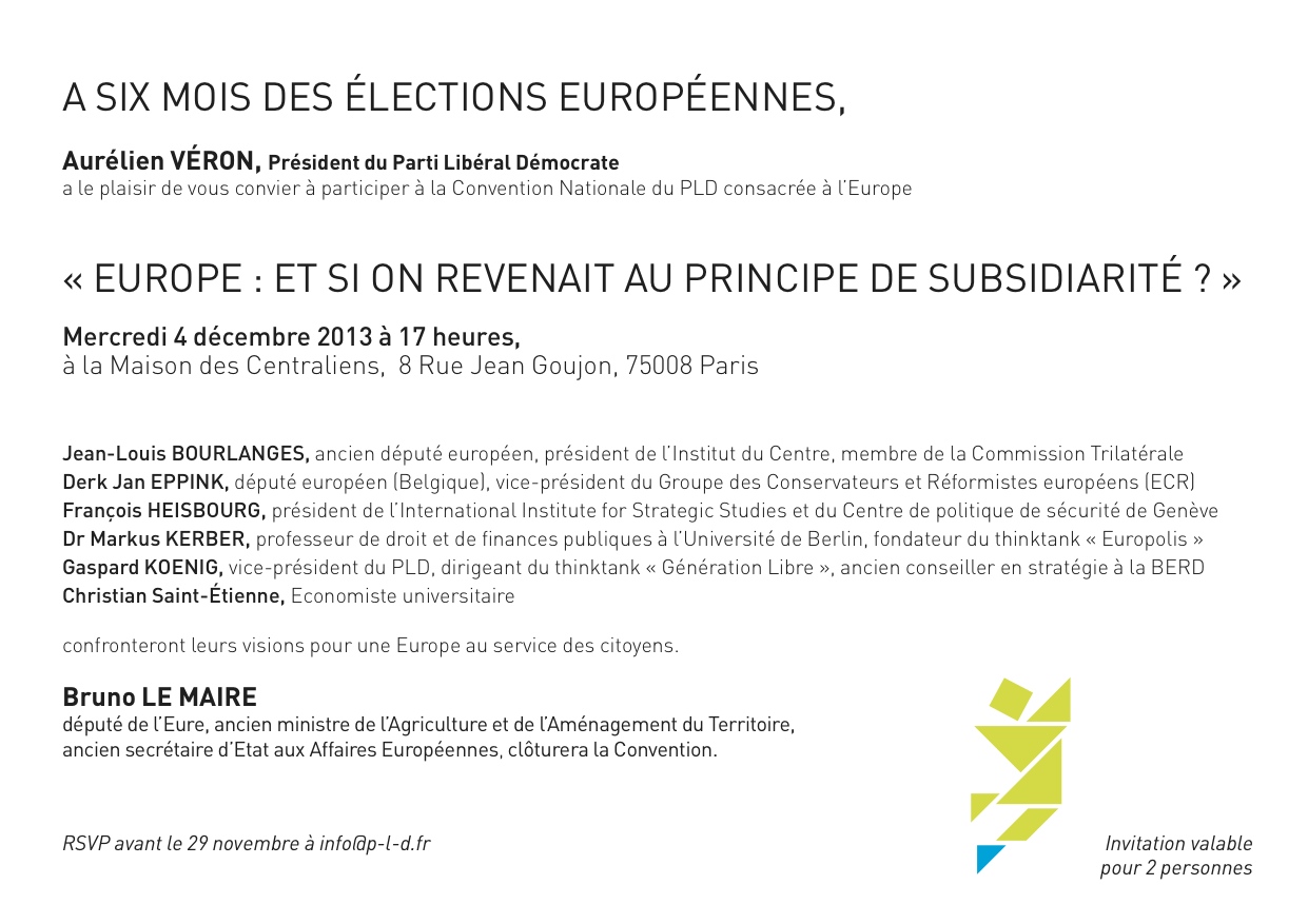 Carton d'invitation de la convention Europe du PLD avec Bruno Le Maire, Christian Saint-Etienne
