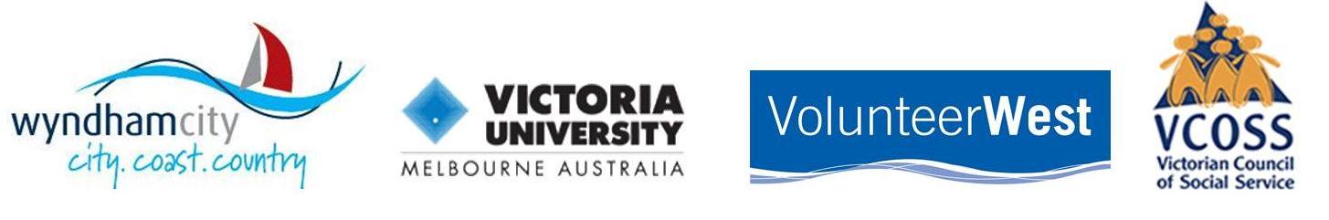 Wyndham logos Wyndham Council logo, Victoria University logo, Volunteer West logo and VCOSS logo