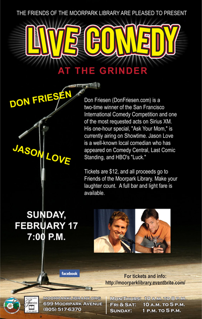 Poster for Clean Comedy at The Grinder in Moorpark Clean Comedy Fundraiser for The Moorpark Library