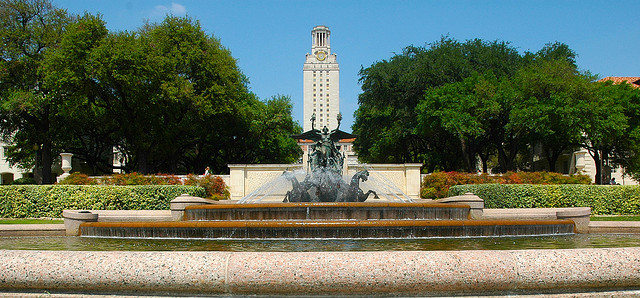 UT Austin fountain and bell tower