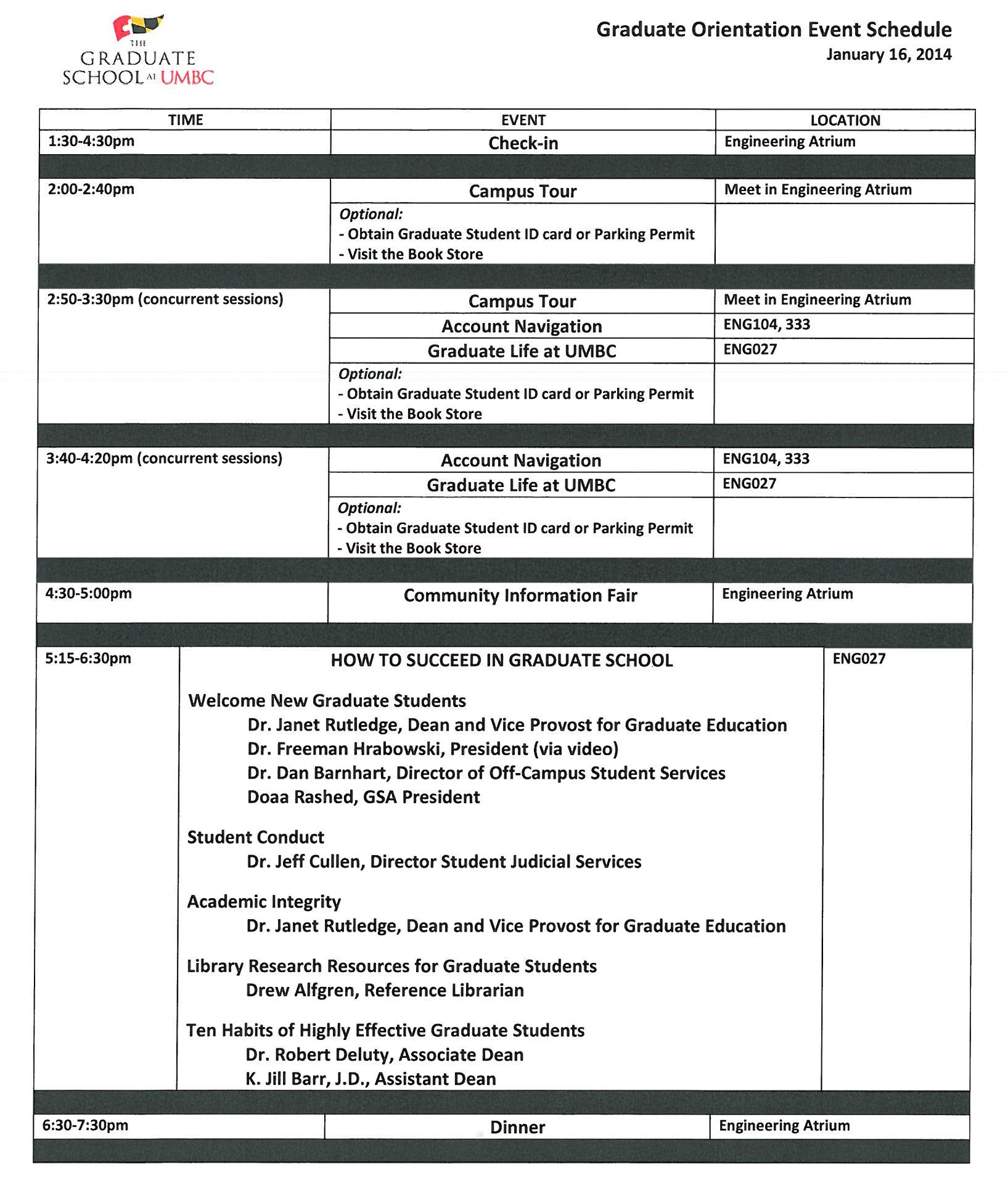 Spring 2014 Graduate Orientation Schedule