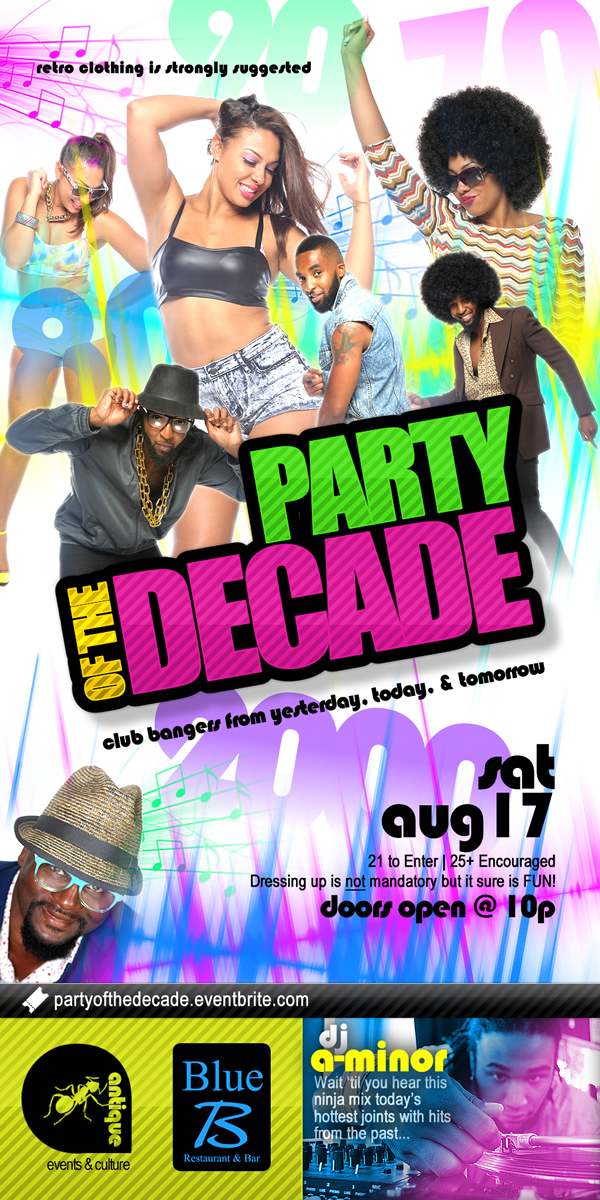 The Party of the Decade is Antique Events official One Year Anniversary Bash. Retro clothing (70s, 80s, 90s) is strongly suggested as DJ A Minor mixes today's hits with bangers from the past! Dressing up is not required but it sure is FUN!