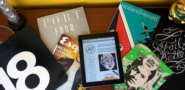 Magazines feat. Handsome Frank illustrators Magazines and iPad on a wooden background
